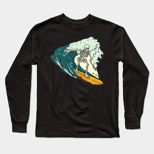 Skeleton Surfer Riding Big Wave Long Sleeve T-Shirt by tropicalteesshop